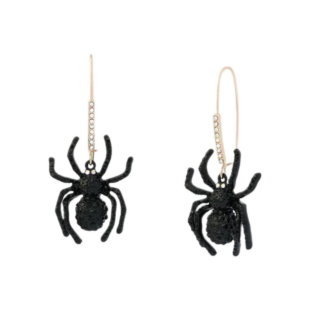 Betsey Johnson Black Rhinestone Spider Dangle Earrings Halloween Gold Tone NIB